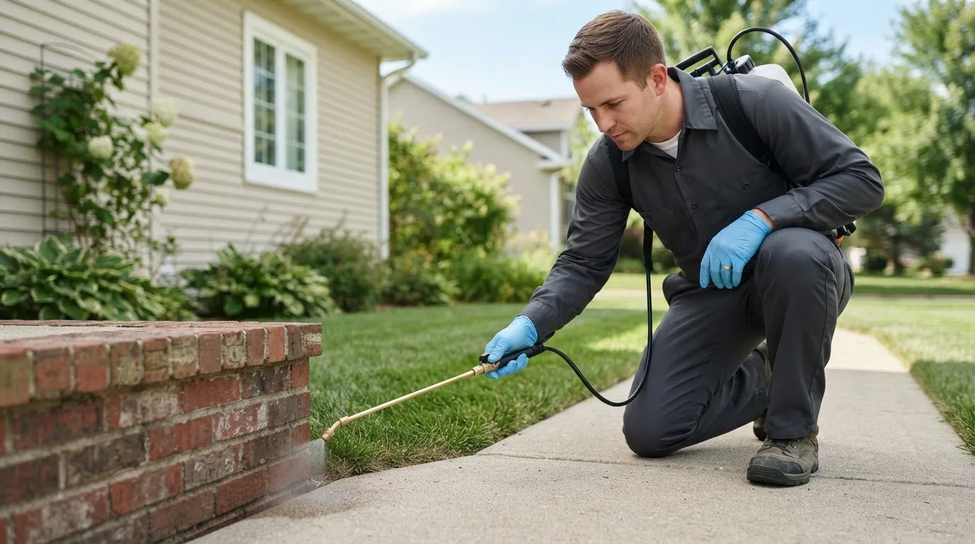 Pest control technician treating a home near Barry, MN
