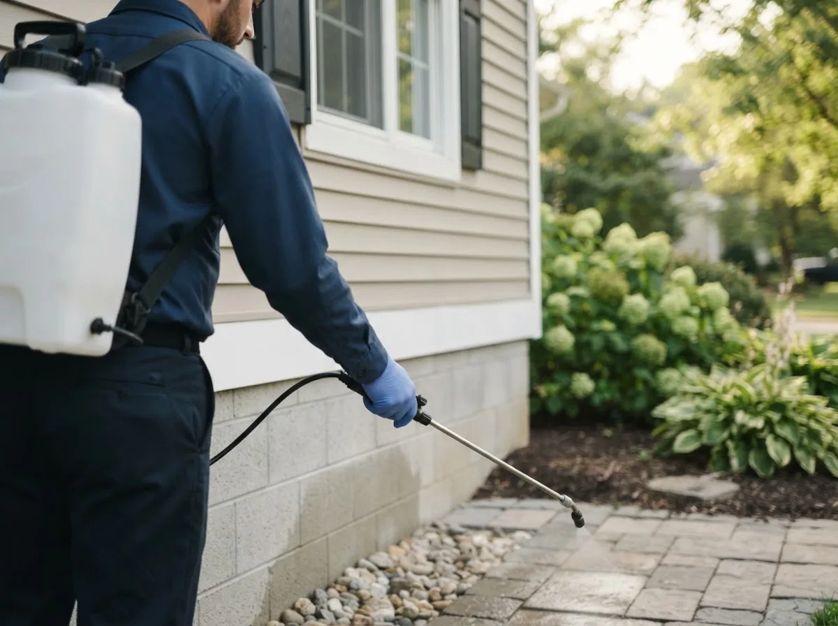 Pest control technician inspecting a home in Barry, MN